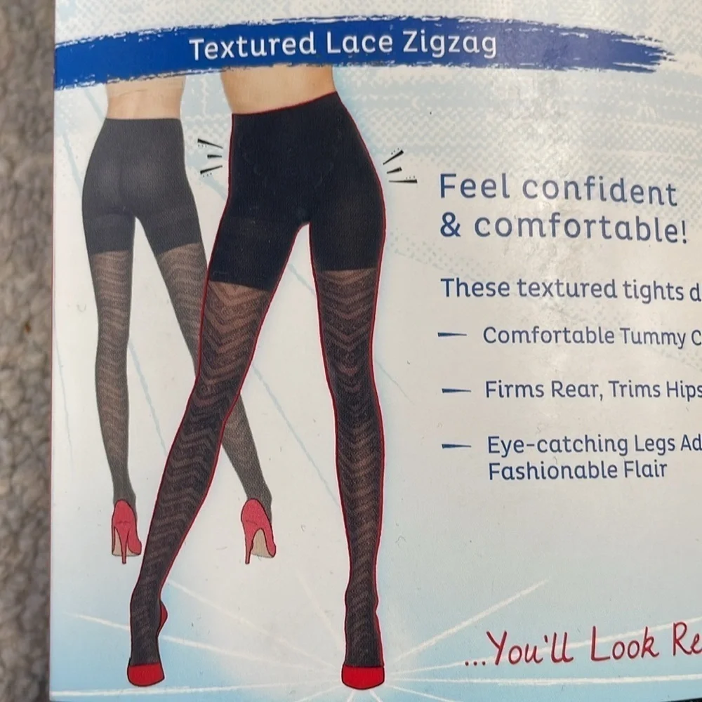 Spanx Assets Red Hot Label Black Textured Lace Zigzag Tights Smoothing Sz 4 D